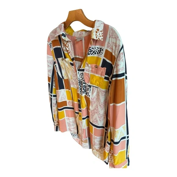 The Odells Lisse Button Down Shirt Size Large geometric Anthropologie Patchwork - Picture 4 of 11